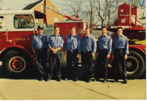 (above) Chuck Wells, Ronnie Renick, Brent Berry, John Sweeney, Ricky Troutt, and Kevin Bell on Ladder 2 A Shift in the early 1990’s. Picture from Maurice Wiseman